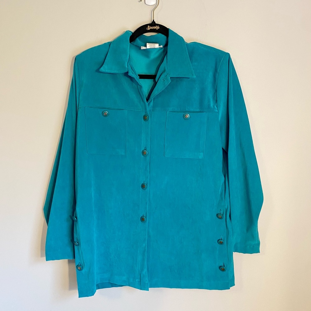 *VINTAGE* 80s C.M. Shapes Turquoise Suede-Feel Button Down Shirt Small